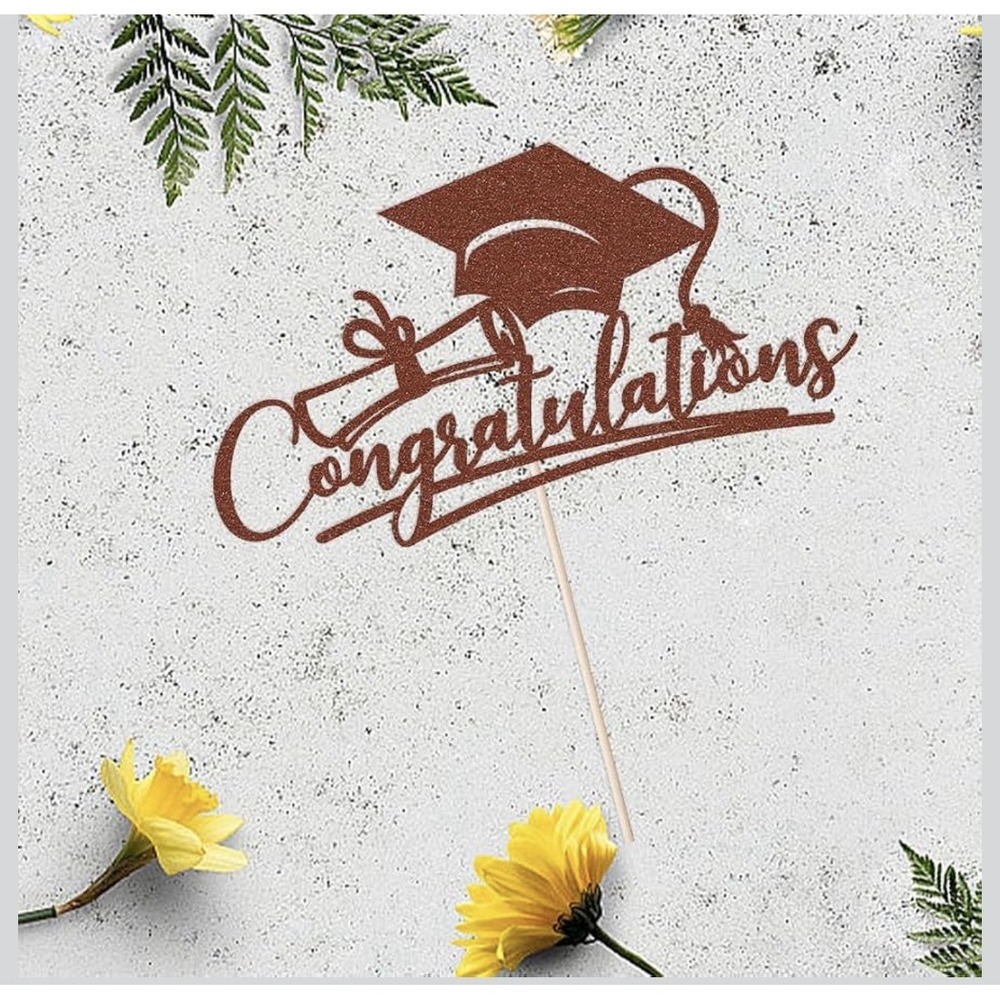 C0022-Rose Gold Glitter Graduation Cake Topper Congratulations Grad Cap Diploma - Picture 2 of 4